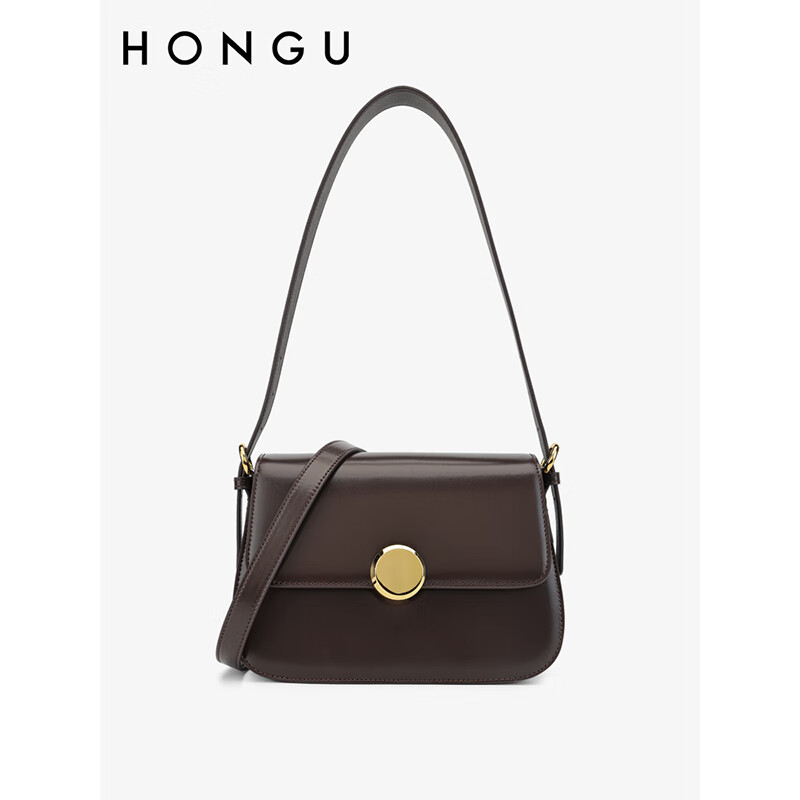 红谷(hongu)女包质感牛皮单肩腋下包时尚锁扣斜挎豆腐包百搭 深咖啡