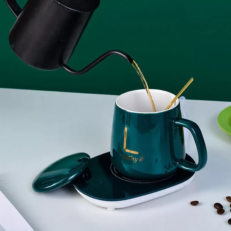 杯55°C度陶瓷马克杯带盖勺保温水杯家用办公暖暖杯牛奶咖啡杯 白色杯+垫+礼盒