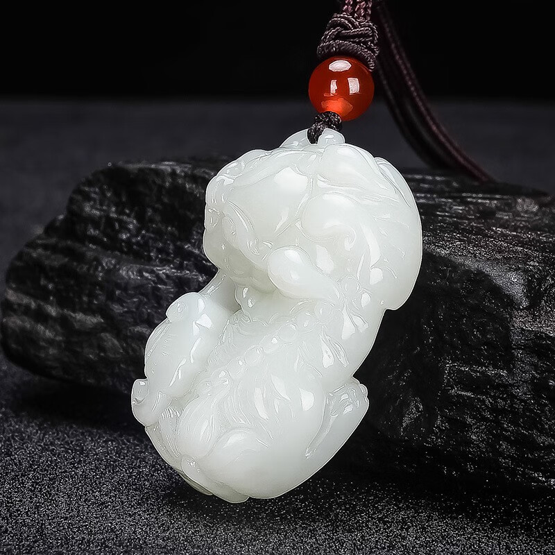 迎淇轩和田玉白玉霸王貔貅吊坠时尚个性款皮休玉石挂件附证书 单个头