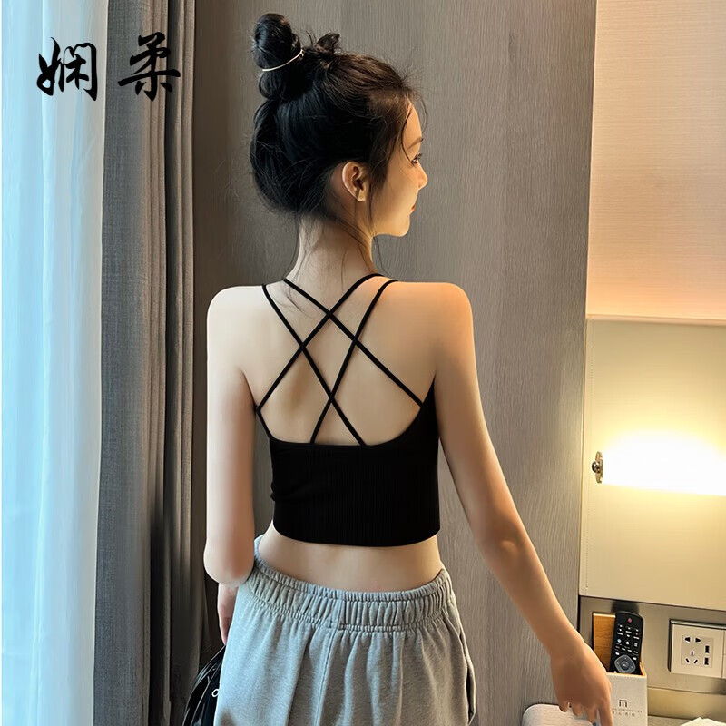 嫻柔吊帶背心女美背文胸一體打底可拆卸抹胸夏外穿本命年紅色內(nèi)搭上衣 黑色-背后交叉【可拆卸ZB1003】 L