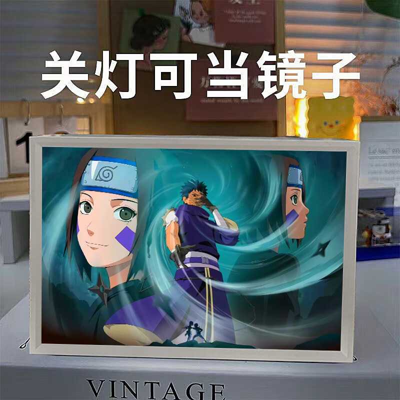 沐瑾火影忍者周边灯光画卧室摆件镜子小夜灯氛围发光画相框手办礼物 宇智波带土-5 【白框】插电款