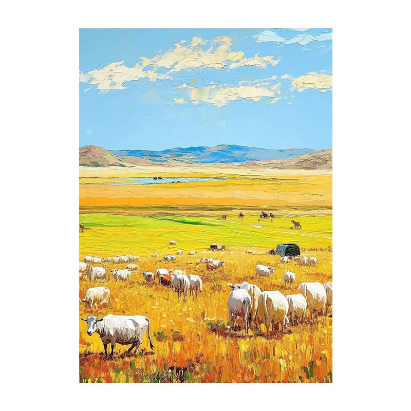 米聆 大芬村草原风景客厅装饰画田园动物肌理手绘油画玄关走廊过道挂