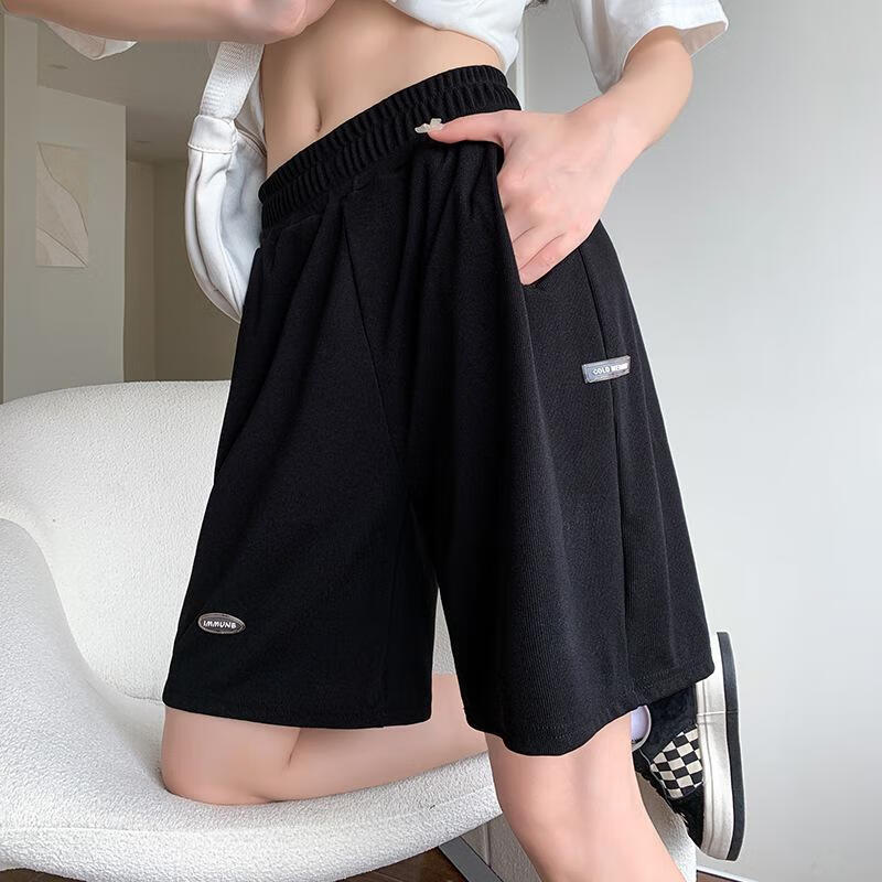 冰丝短裤女夏季薄款显瘦宽松高腰直筒中裤休闲阔腿裤运动五分裤子 黑色 S建议（80105斤