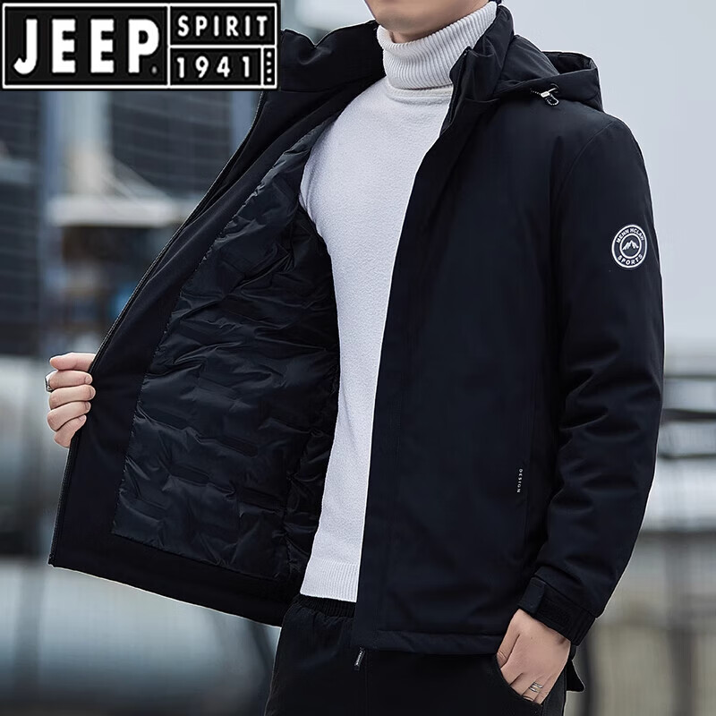 JEEP SPIRIT品牌轻薄款羽绒服男士冬季保暖新款宽松中年爸爸冬天鸭绒休闲外套 黑色 3XL