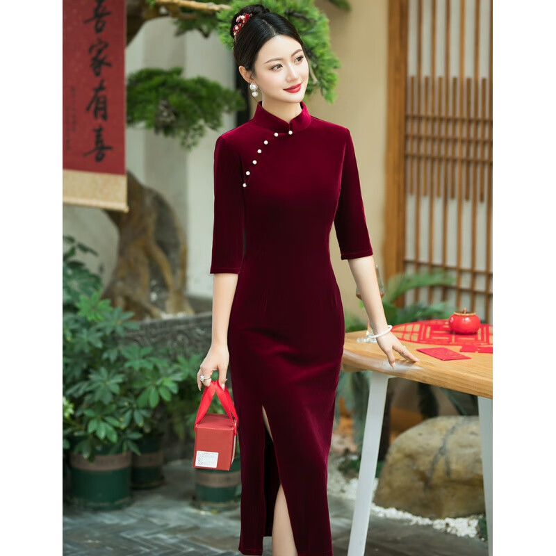 颜随喜妈妈女回娘家礼服旗袍春秋款婚宴装年新款中袖喜婆婆金丝绒 酒
