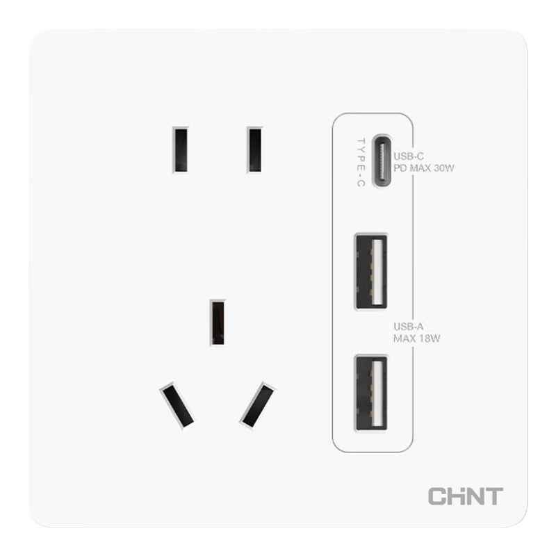 正泰（CHNT）開關(guān)插座6C奶油風(fēng) 家用86型斜五孔插座面板暗裝插座純平大板 白色 雙USB+type-C 五孔插座10A