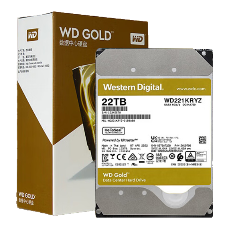 Western Digital 西部数据 金盘系列 3.5英寸 企业级硬盘 22TB（7200rpm、512MB）WD2005VBYZ