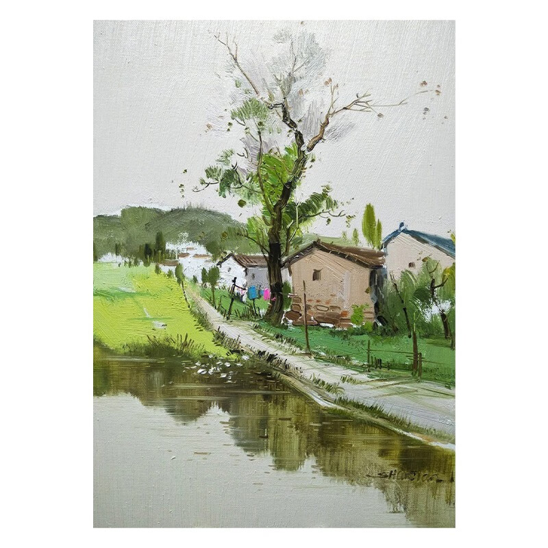 艺幻乡村田园绿色风景手绘油画民宿装饰画客厅挂画玄关立体竖版肌理画