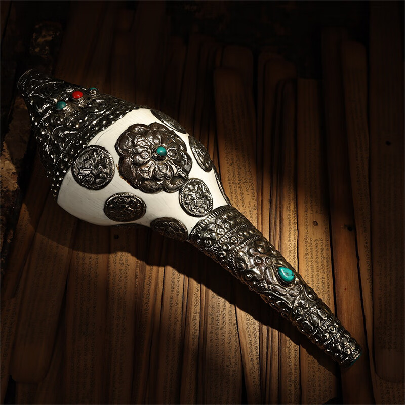 文玩收藏 精致铜艺白海螺包藏银左旋法螺xml390zy