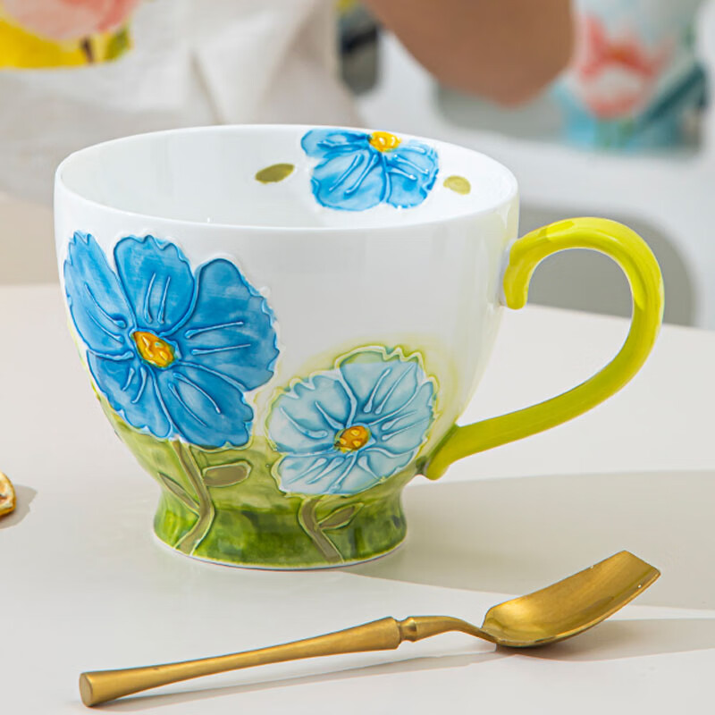 佩尔森陶瓷马克杯咖啡杯大容量水杯子早餐杯办公室杯手绘浮雕 蓝色