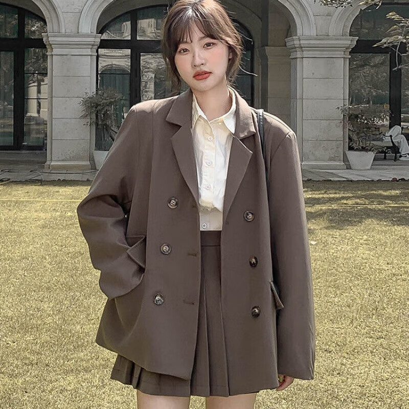 skgoldy西百褶套女秋季新款学生宽松百搭西服短两学院风 单件摩卡色