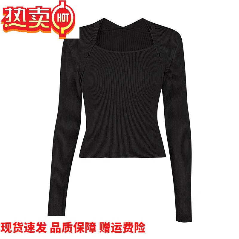 balitomms直角肩鹅颈古包扣方领针织打底衫女冬季毛线衣 复古黑-现货