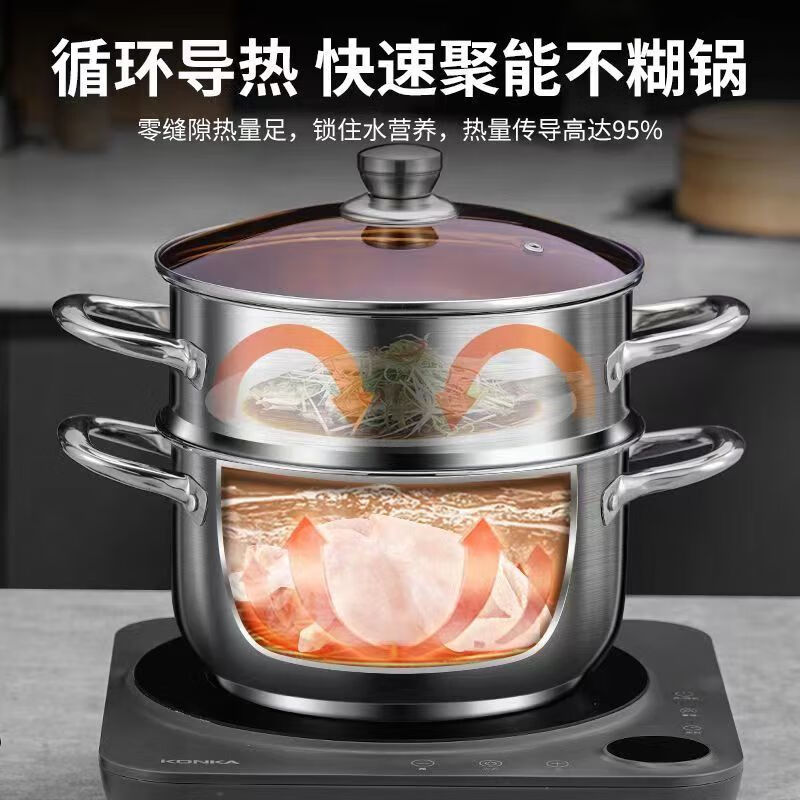 【24CM双层汤锅家用大容量汤蒸锅厨房炖汤多用蒸煮锅 18cm 双耳汤锅透明盖【普通款】