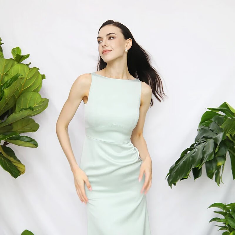 brand by meitiffany女神款一字领高级缎面醋酸修身优雅气质连衣裙 浅