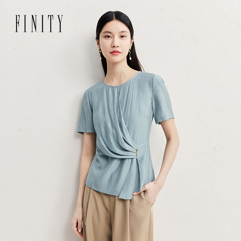 菲妮迪（FINITY）雪纺衫2025夏季新款气质圆领不规则设计短袖上衣女 绿色 S