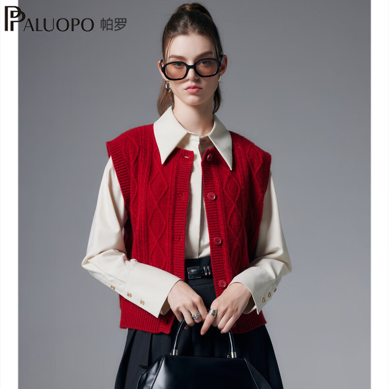 帕罗（PALUOPO）100%山羊绒衫女秋冬厚款马甲背心圆领绞花开衫毛衣无袖针织保暖 大红夹花 L 165/105