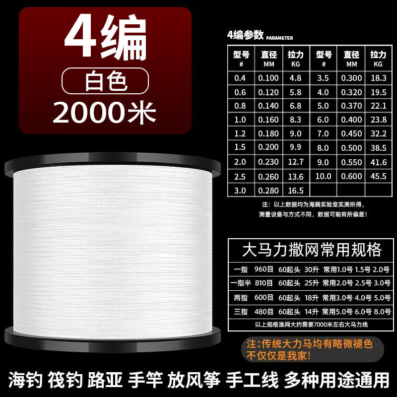 潮思匯2000米大力馬主線魚線8編pe線1000米耐磨編織撒網(wǎng)織網(wǎng)漁網(wǎng)線 2000米 魚多藝4編【白色】 0.4號