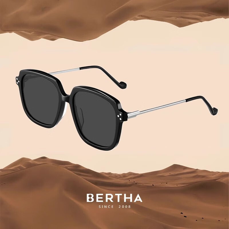 贝尔莎（bertha） 墨镜女款高级感大脸近视偏光太阳眼镜男开车防晒防紫外 【哈气防伪标】黑框黑灰片350度