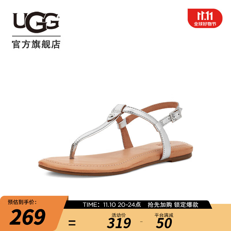 UGG2023夏季女士凉鞋金属银色平底夹脚休闲罗马凉鞋 1118516 SLVM | 金属银色 37怎么看?