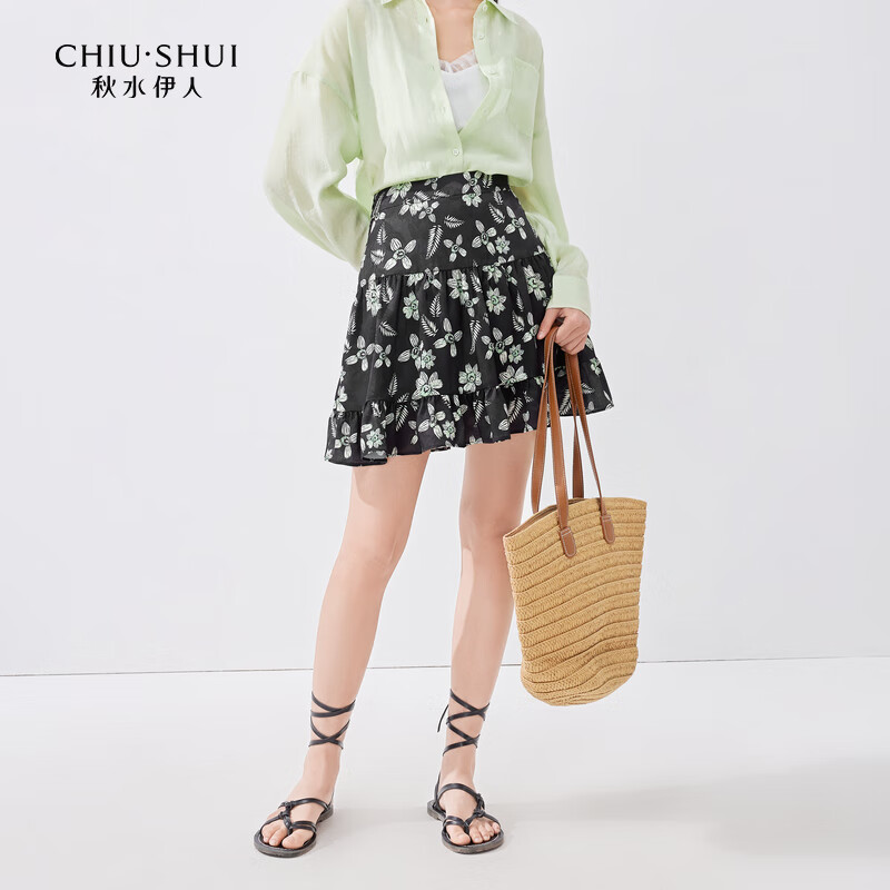 秋水伊人復(fù)古優(yōu)雅碎花雪紡半身裙2024夏季新款女高腰A字小短裙 花料 S