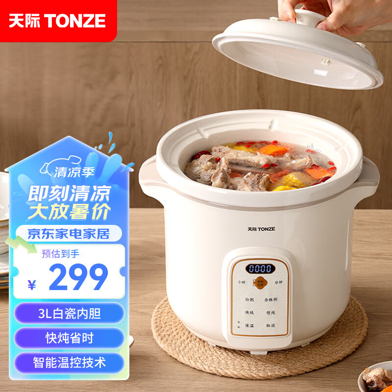 天际(TONZE)电炖锅 电炖盅 煲汤锅炖汤锅 婴儿煮粥锅 熬粥养生锅 快速焖炖 直炖白瓷胆 DGD30K22GC 3升