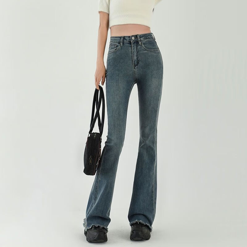 金彩潼星微喇叭牛仔裤女复古高腰大裤脚蓝喇夏季修身显瘦加长版高个子