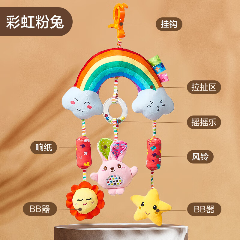 欣格车载婴儿车玩具挂件床头摇铃宝宝吊挂床装饰推车风铃挂饰后排安抚 【彩虹粉兔】