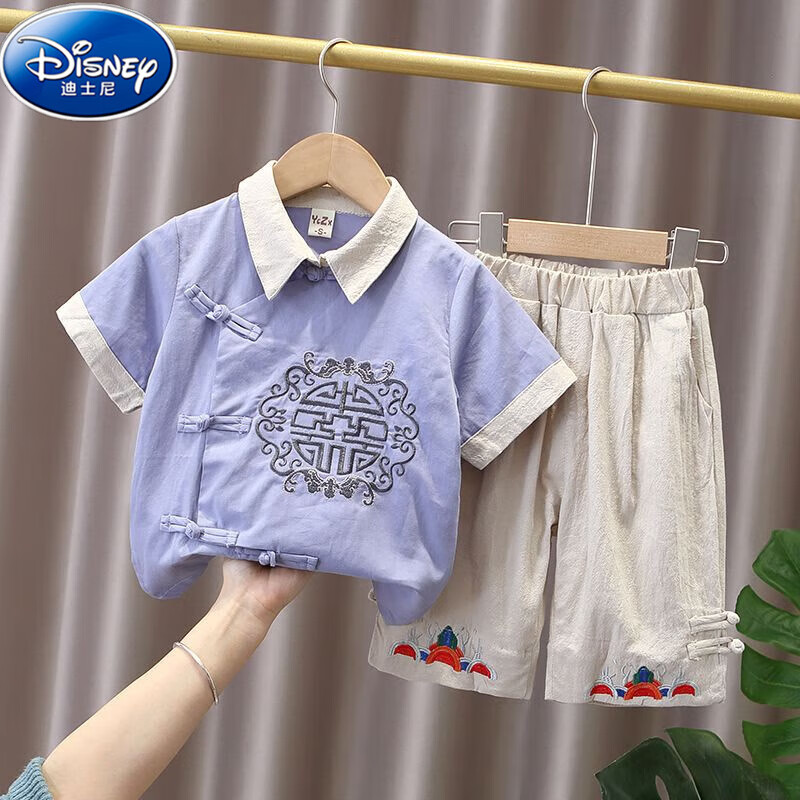 duckkids小黄鸭汉服男童夏季短袖套装宝宝中国风套装儿童古装少爷棉麻