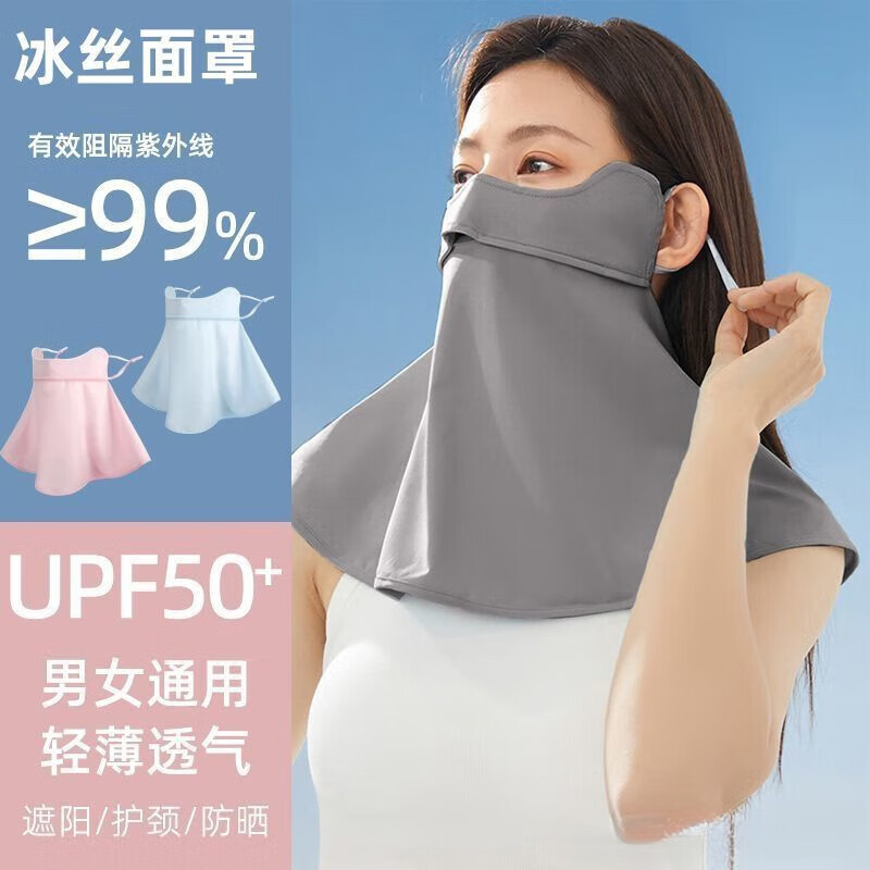 冰丝防晒口罩防紫外线遮阳夏季冰凉面罩面纱护眼角骑行护颈轻薄透气 【UPF50+冰丝凉感】浅岩灰 可水洗 1只
