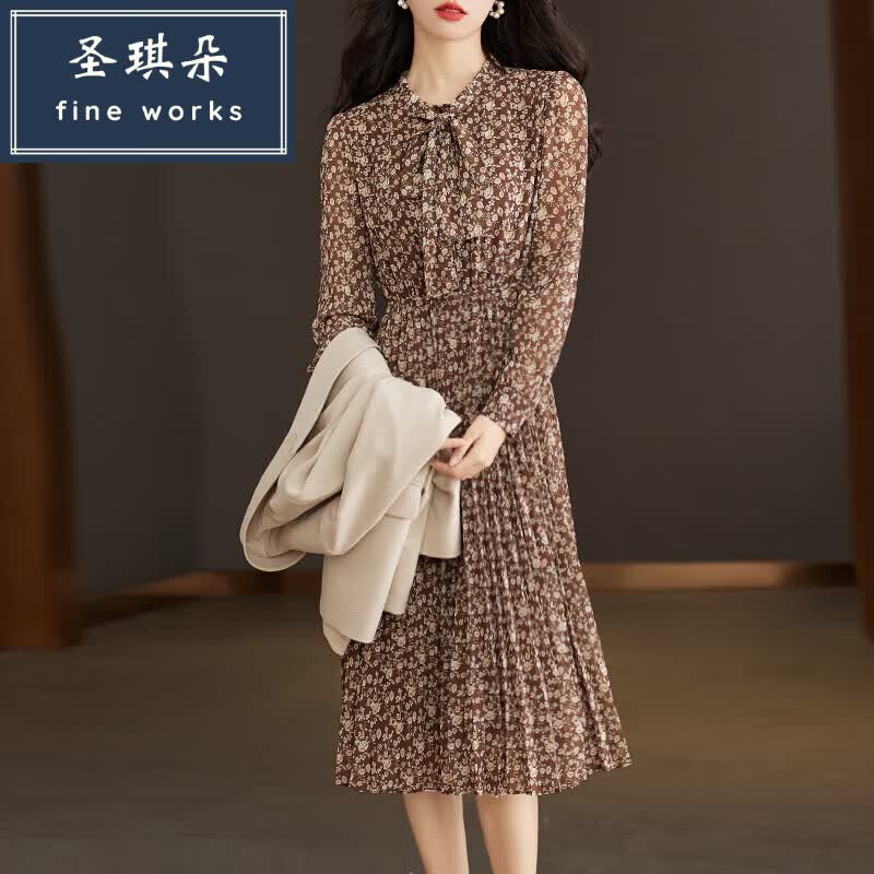 圣琪朵真丝桑蚕丝长袖连衣裙杭州百褶春秋高端宽松长裙 碎花 m -105斤