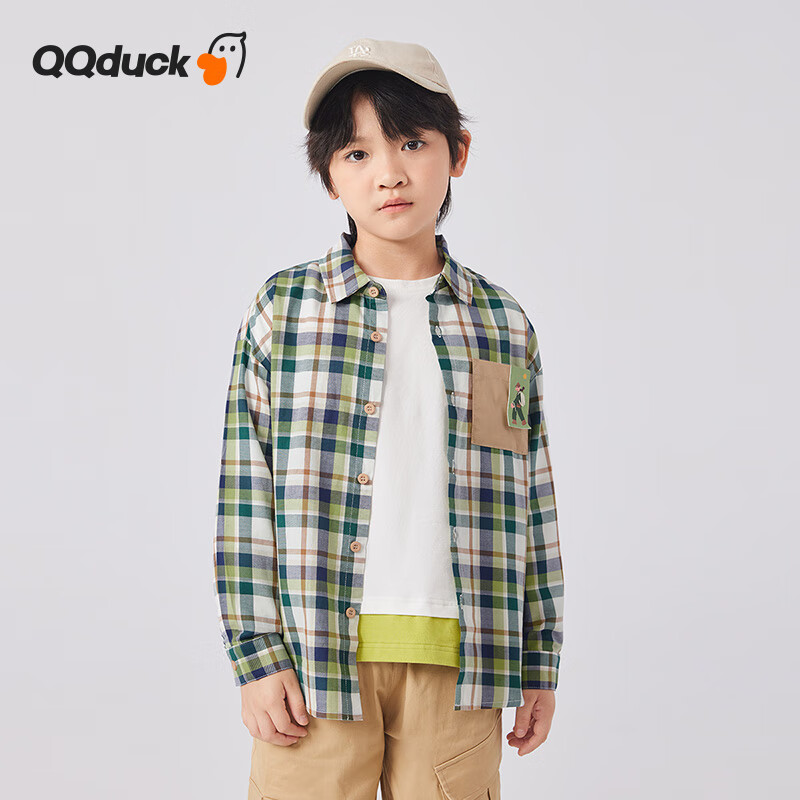 可可鸭（QQ DUCK）童装儿童衬衫男童格子衬衣青少年长袖开衫童话格纹绿格；140