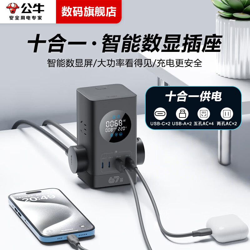 公牛插座智能数显屏幕立式67W快充插座/办公电竞氮化镓插线板/多功能插电桌面充电站笔记本插线板开关 【67W】立式数显+抗电涌1.5米 灰 新国标3C认证
