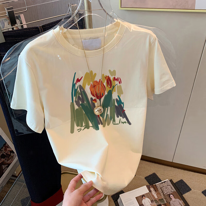 休闲宽松时尚短款女t恤杏色正肩短袖t恤2024夏季新款设 杏色百合花 s