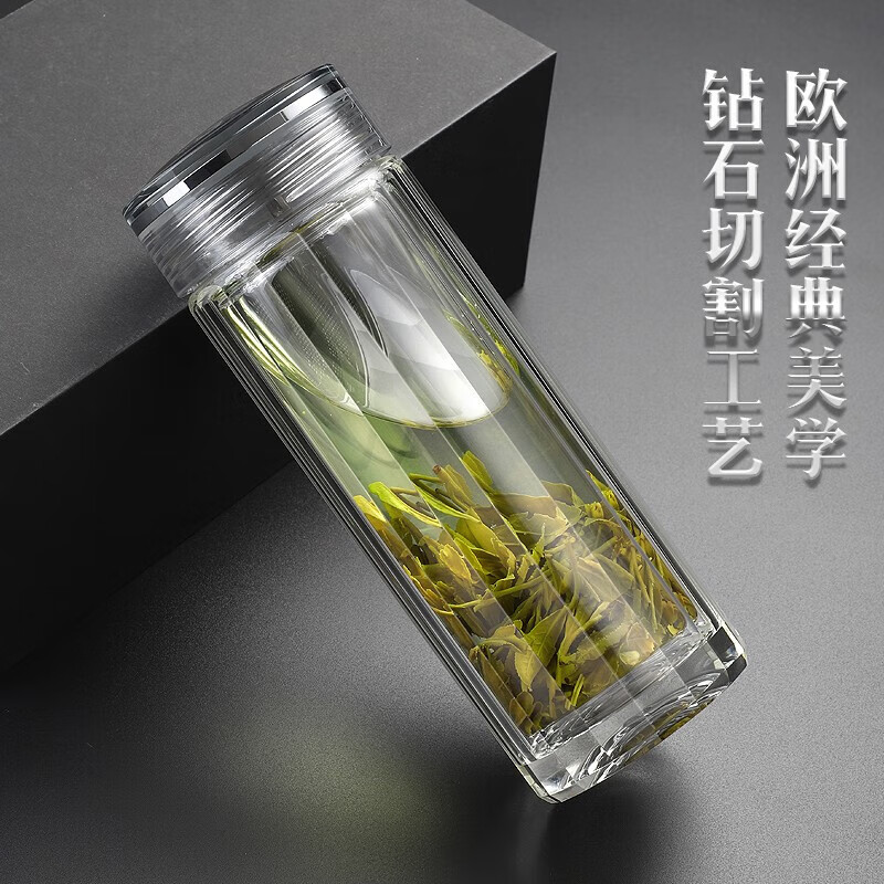 格亚（GEYA）双层玻璃杯纯钛抑菌男士泡茶杯高档商务办公水杯子精美礼盒装 商务款【皮质礼盒装】 400ml