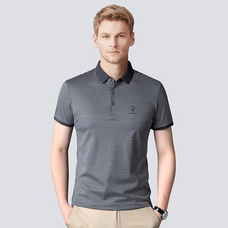 梦特娇（MONTAGUT）【透气珠地棉&amp;无痕压胶】夏季条纹短袖Polo衫男士刺绣薄t恤3153