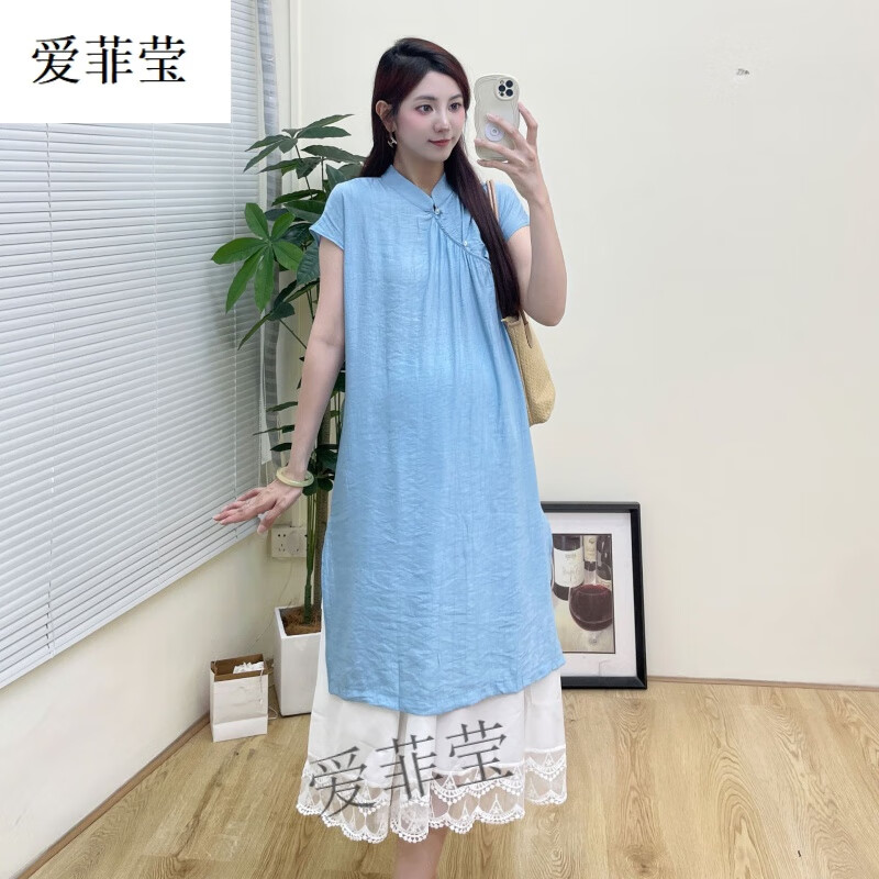 爱菲莹孕妇装2025夏季新款时尚叠穿新中式气质改良旗袍连衣裙托腹半身裙 蓝色连衣裙 M