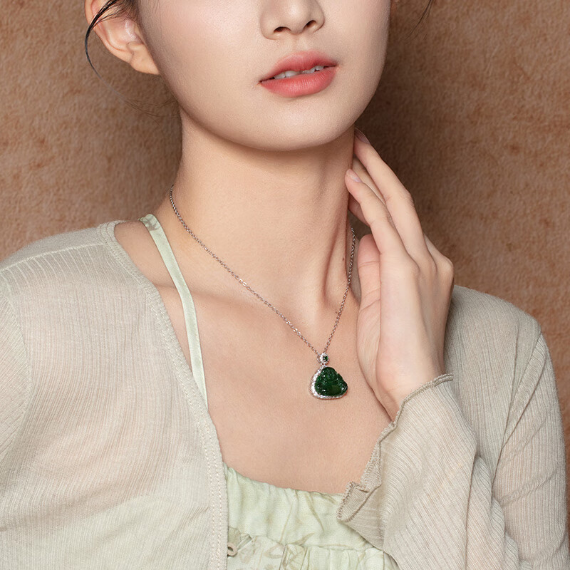 老凤祥危料翡翠弥勒佛吊坠危地马拉绿翡翠玉坠送女友老婆中秋节生日礼物 银镶翡翠吊坠+金色银链+证书
