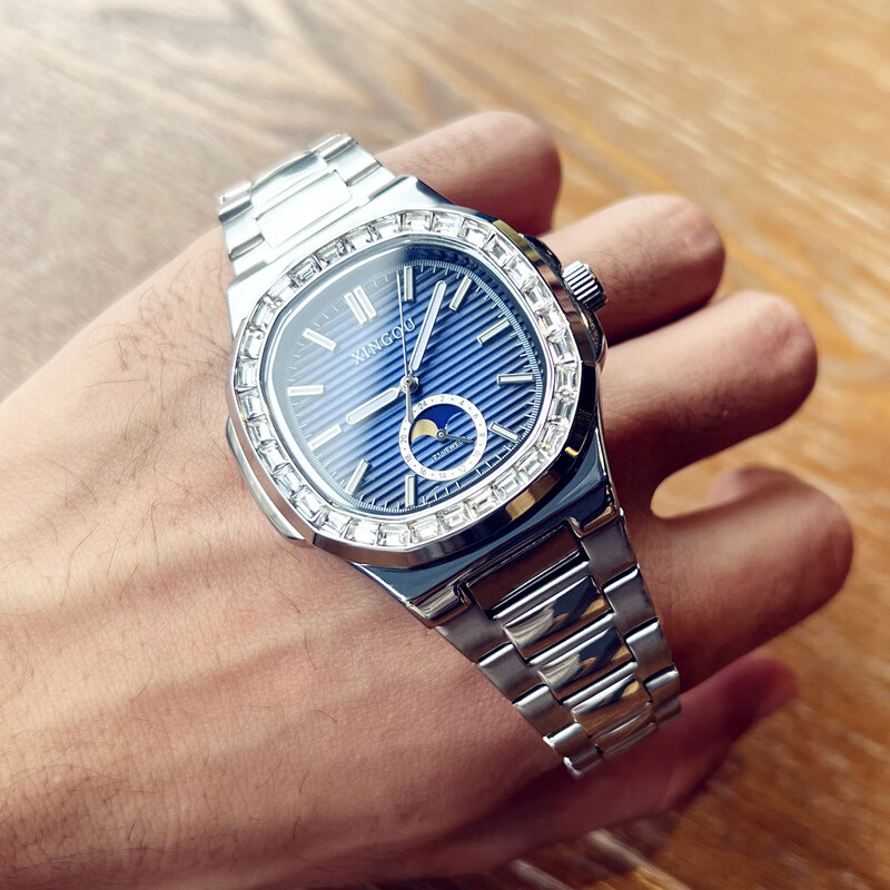 木阔鹦鹉螺多功能全自动机械表防水夜光钢带腕表时尚潮流商务复古礼物 银壳蓝面多功能款