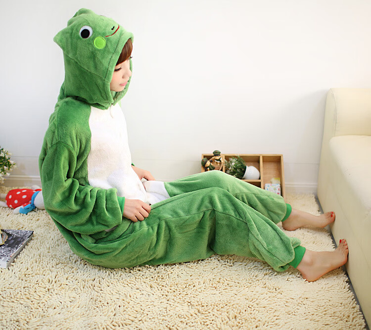 秋冬可爱卡通连体睡衣黄狐狸蜜蜂灰狼青蛙男女情侣家居服 绿青蛙 XL