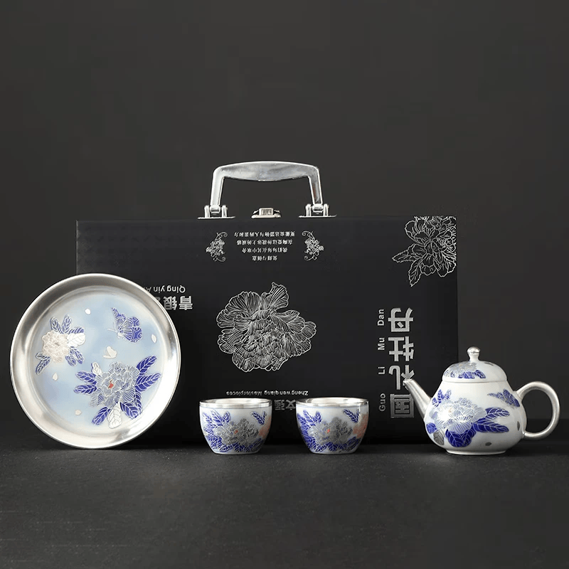 家用陶瓷茶壶功夫茶杯高档泡茶礼盒装 青银牡丹-【茶壶】-礼盒装 4件