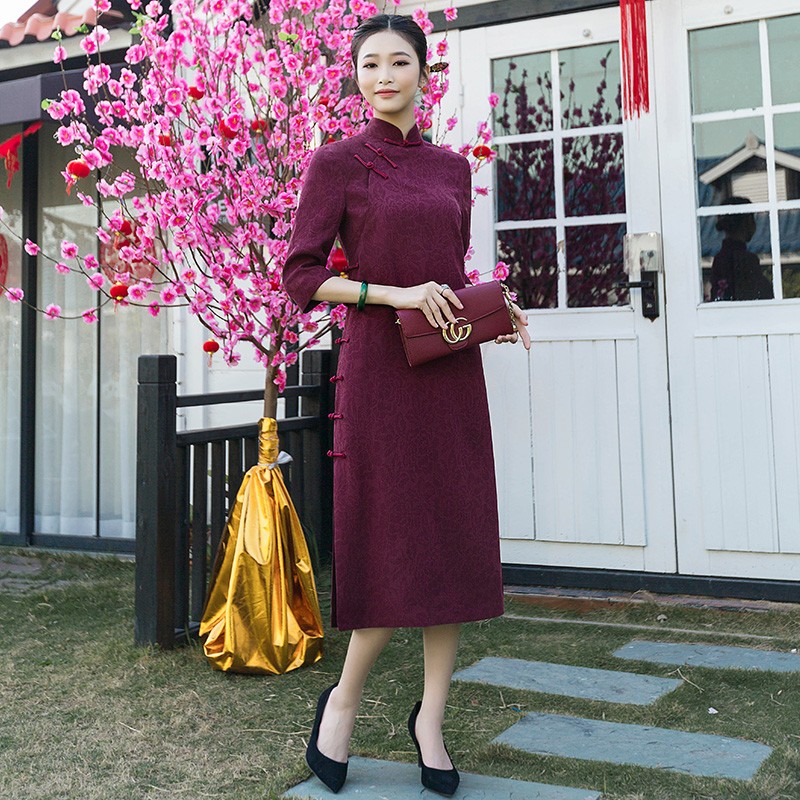 华族经典中国风旗袍裙改良时尚连衣裙2019新真丝香云纱复古女中长款 红色 XXXL