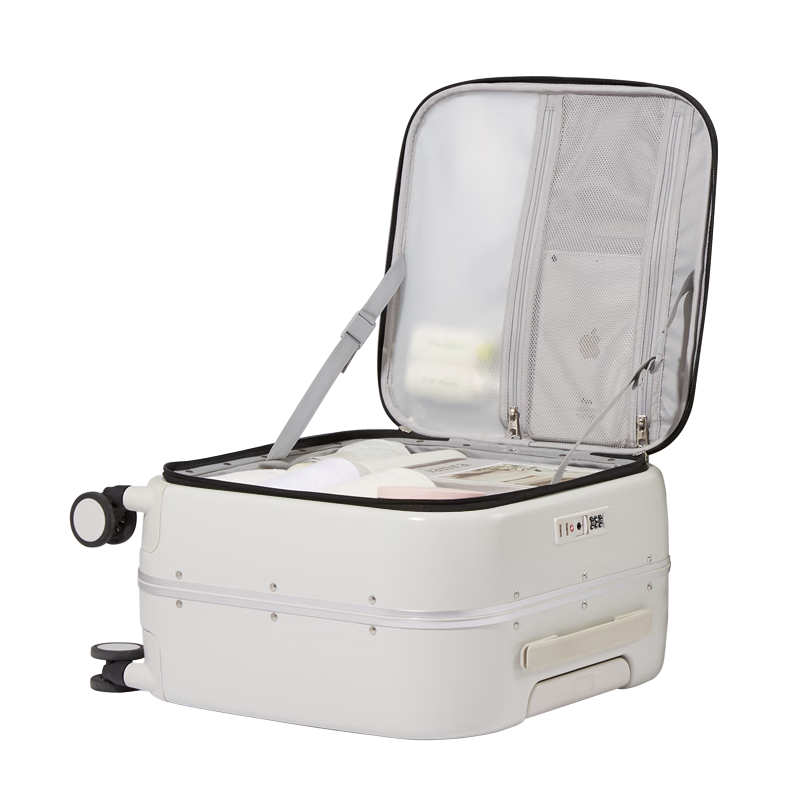 米熙侧开铝框箱男拉杆箱子行李箱大容量密码箱旅行箱女18英寸烟白