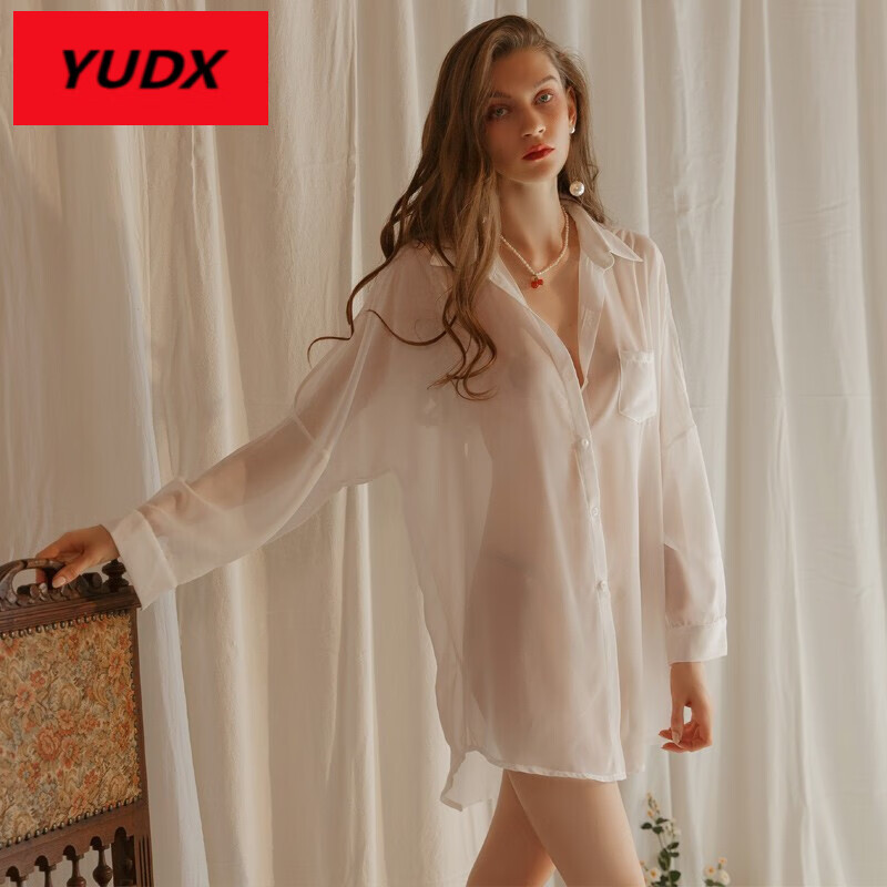 uxst雪纺衬衫式睡裙情侣长袖性感睡衣女薄款透明内衣家居服套装 白色