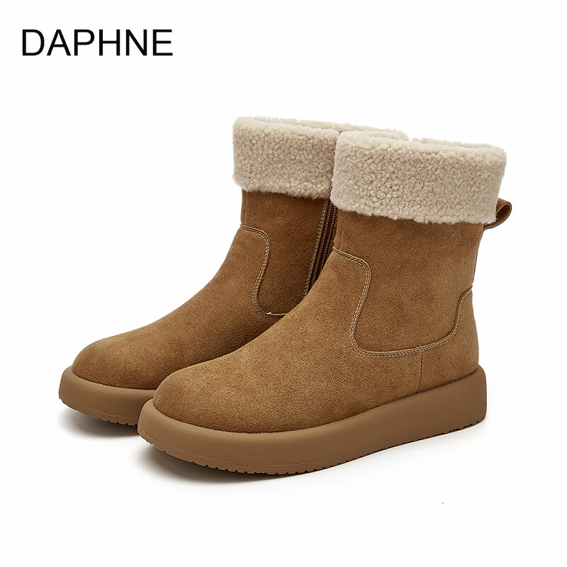 达芙妮真皮雪地靴女鞋冬季2025新款加厚加绒鞋厚底短靴保暖棉鞋女 驼色 38