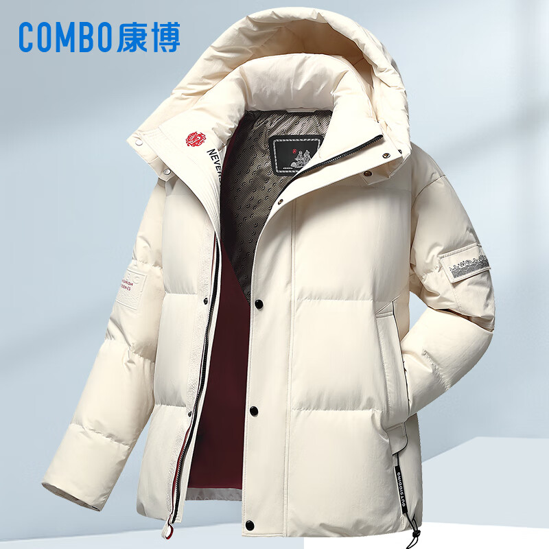 康博男士羽绒服短款国风新潮刺绣加厚保暖青年冬季外套 黑色 180