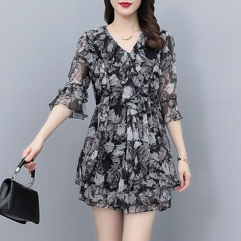 口旋胖妹妹宽松遮肉印花雪纺套装大码女装夏天凉快短袖短裤减龄套装