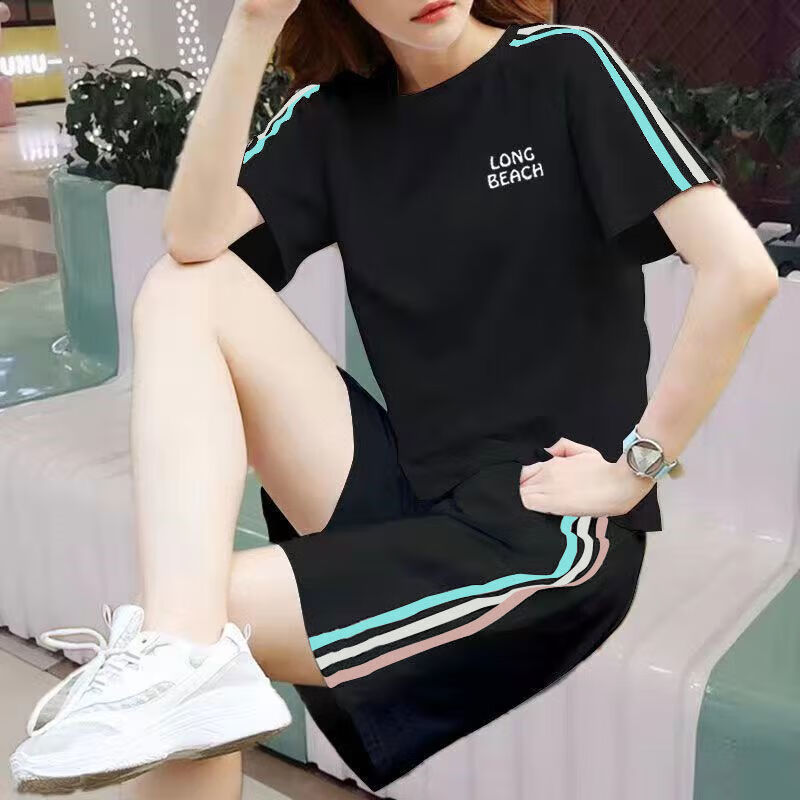 纯棉休闲运动服套装女夏季新款大码宽松学生短袖短裤两件套潮 黑色套装三色字母 2XL 建议125-140斤