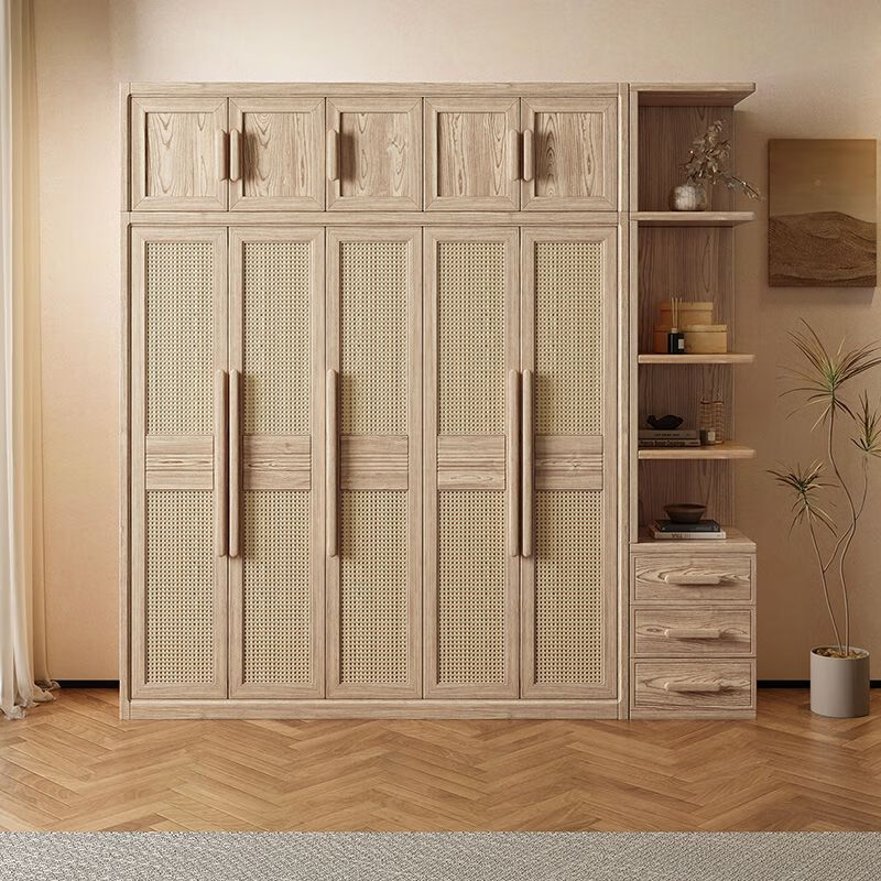木实木衣柜卧室家用现代简约编藤设计储物柜对开门大衣橱 三门衣柜