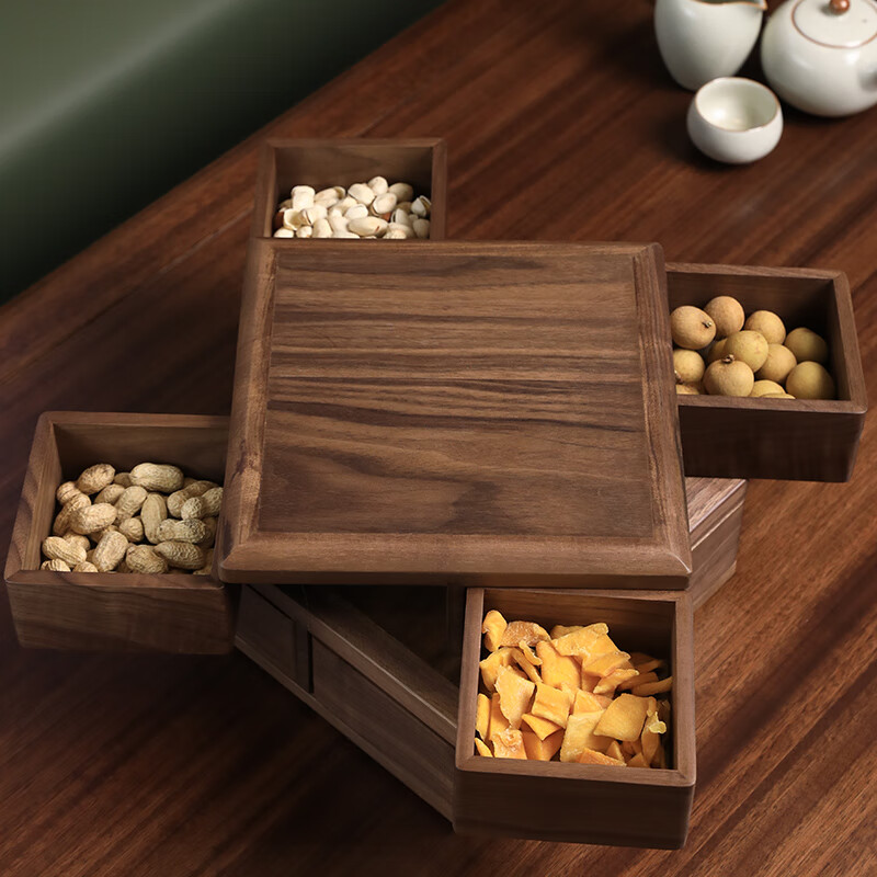 琉霞莺机关盒小食盒黑胡桃木果盘客厅家用盒实木旋转木盒干果 单层四