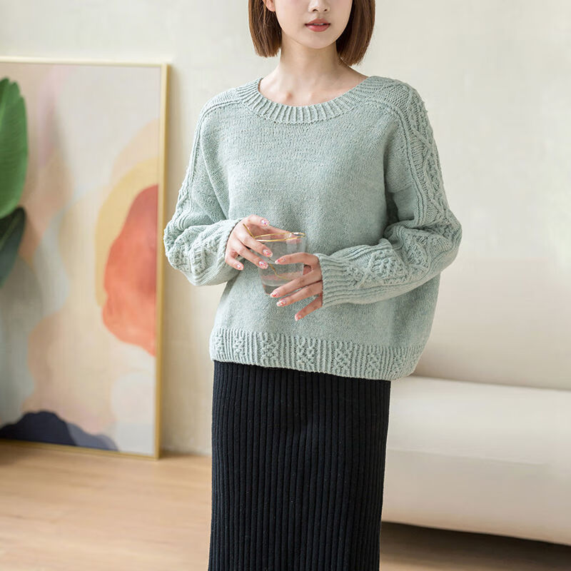 苏苏姐家皎皎马鞍肩毛衣手工diy编织棒针衣服毛线团自制材料包 【雾青